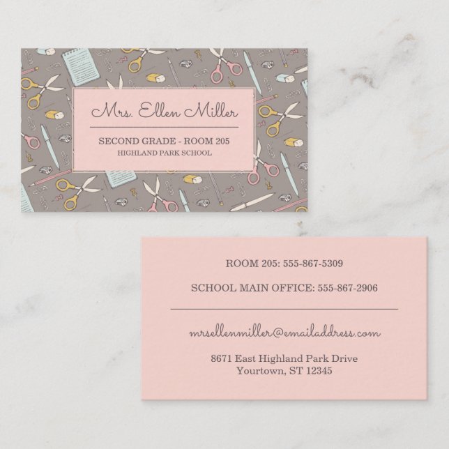 Carte De Visite Professeur | Sketch féminin Pink/Taupe School (Devant / Derrière)