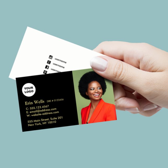 Carte De Visite Professional Black Ajouter logo photo Médias socia (Créateur téléchargé)