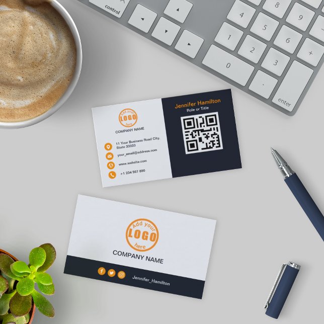 Carte De Visite Professional Black Orange ajoutez votre logo QR Co (Créateur téléchargé)