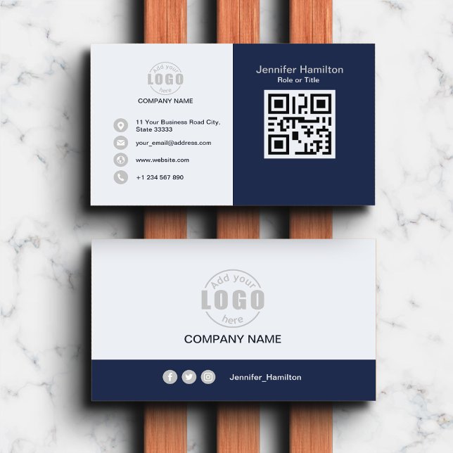Carte De Visite Professional Blue Grey ajoutez votre logo QR Code (Créateur téléchargé)