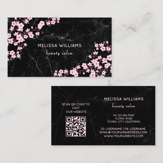 Carte De Visite Professional Cherry Blossoms Black Marble (Devant / Derrière)