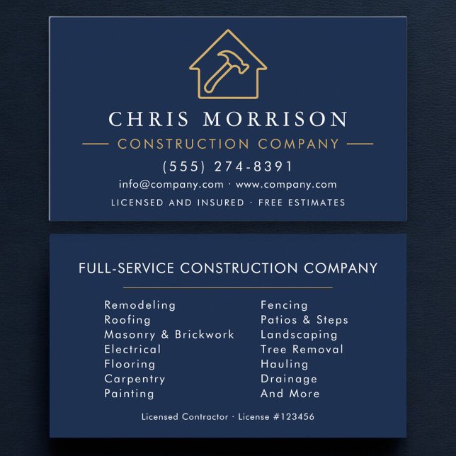 Carte De Visite Professional Construction Company Navy Blue (Créateur téléchargé)