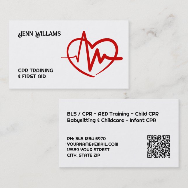 Carte De Visite Professional CPR Instructor Business Cards with QR (Devant / Derrière)