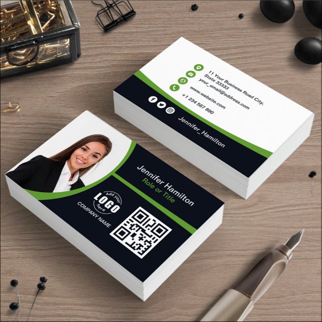 Carte De Visite Professional Green ajoutez votre logo QR Code Phot (Créateur téléchargé)