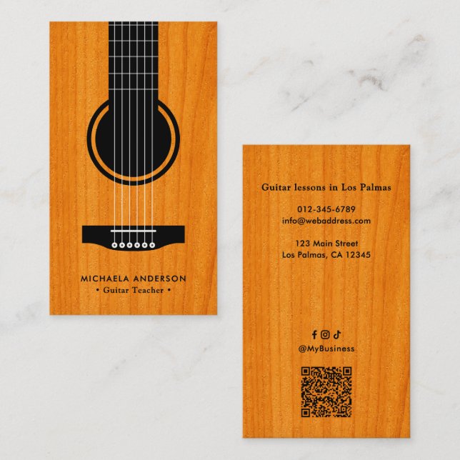 Carte De Visite Professional Guitar Teacher QR Code & Social Media (Devant / Derrière)