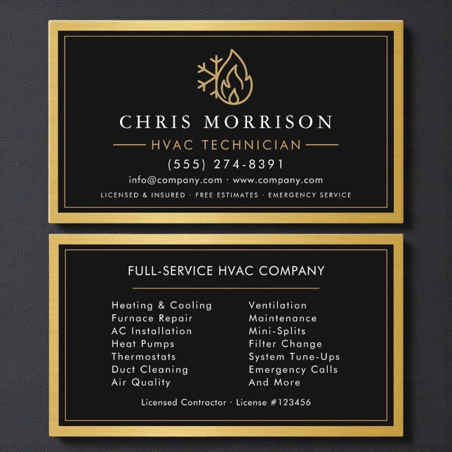 Carte De Visite Professional HVAC Technician Gold Metallic (Créateur téléchargé)