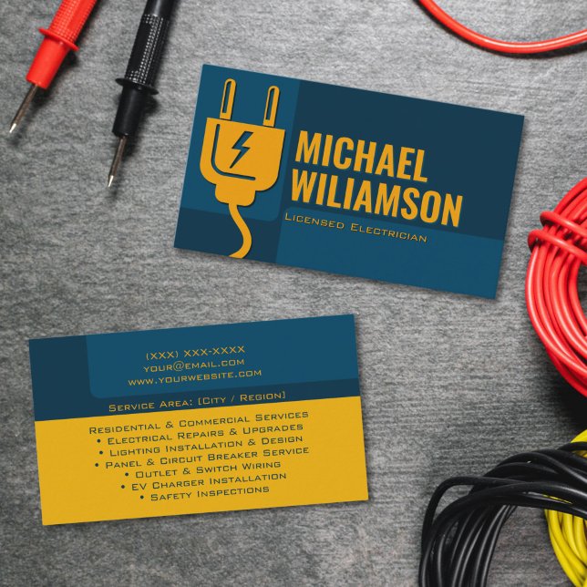 Carte De Visite Professional Licensed Electrician Electrical Work (Professional licensed electrician business card with bold typography and lightning bolt accent)
