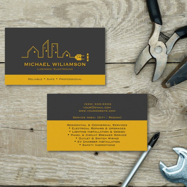 Carte De Visite Professional Licensed Electrician Electrical Work (Electrician services business card with black and gold color scheme, contact details and service lis)