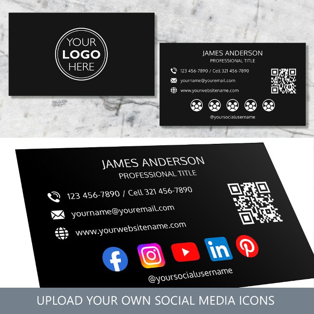 Carte De Visite Professional Logo Social Media QR Code Black (Créateur téléchargé)