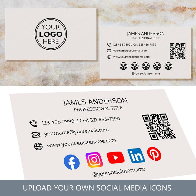 Carte De Visite Professional Logo Social Media QR Code Off-White (Créateur téléchargé)