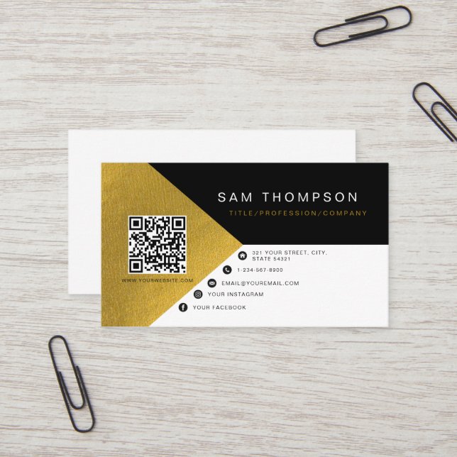 Carte De Visite Professional Modern Black Gold Foil QR Code (Devant/Arrière en situation)