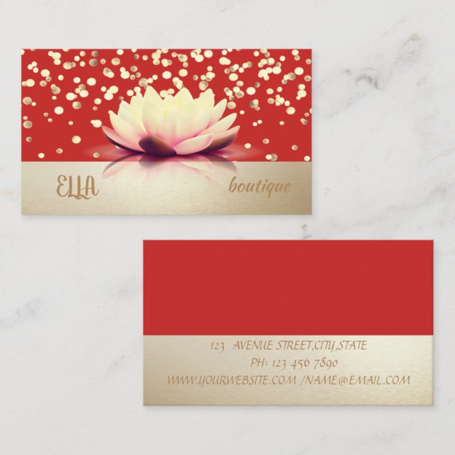 Carte De Visite Professional Modern, Gold Confetti, Rouge, Lotus (Devant / Derrière)