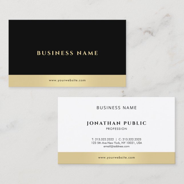 Carte De Visite Professional Modern Sleek Elegant Black White Gold (Devant / Derrière)