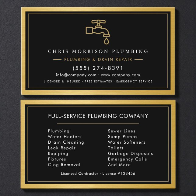 Carte De Visite Professional Plumber Black Gold Metallic QR Code (Créateur téléchargé)
