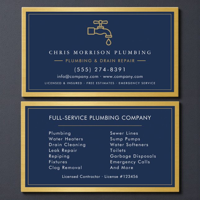 Carte De Visite Professional Plumber Navy Blue Gold QR Code (Créateur téléchargé)