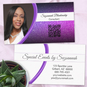 Carte De Visite Professional Purple Glitter Custom Photo QR Code