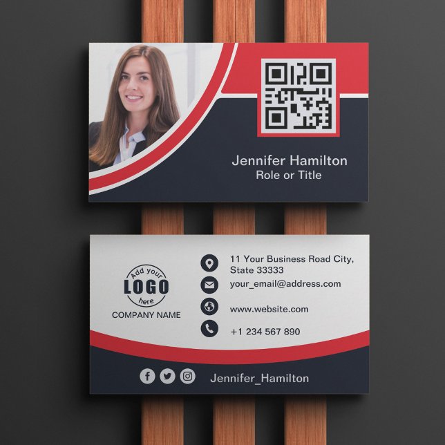 Carte De Visite Professional Red ajoutez votre logo QR Code Photo (Créateur téléchargé)