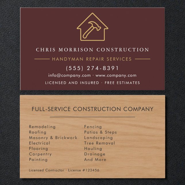 Carte De Visite Professional Wood Grain Burgundy Handyman (Créateur téléchargé)