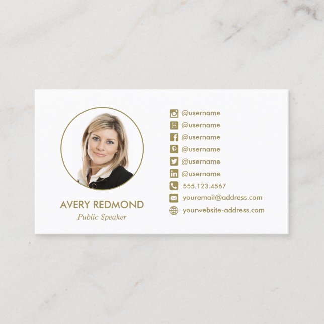 Carte De Visite Professionnel Ajouter Photo Gold Social Media Icôn (Devant)