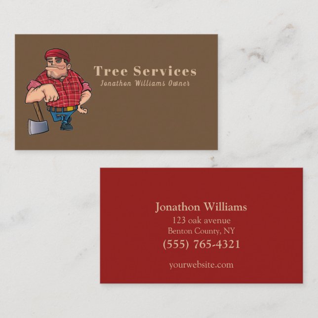 Carte De Visite Professionnel Beige & Red Tree Service Guy Busines (Devant / Derrière)