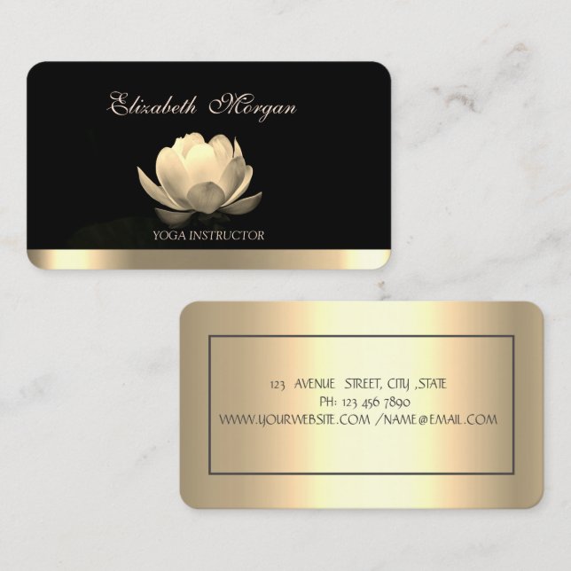 Carte De Visite Professionnel Elegant Gold Lotus, Yoga Black (Devant / Derrière)
