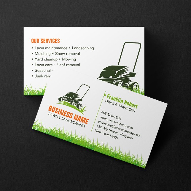 Carte De Visite Professionnel Green Orange Lawcare Landscaping Mow (Créateur téléchargé)