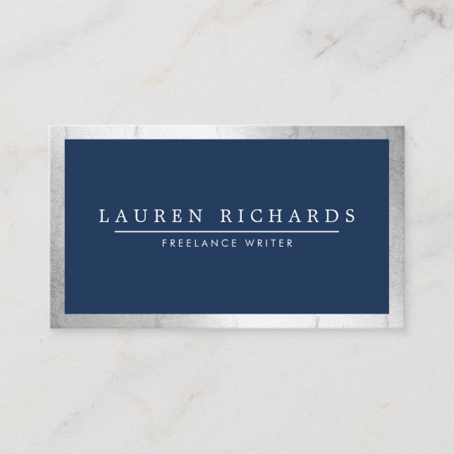 Carte De Visite Professionnel Luxe Faux Silver et Navy Blue (Devant)