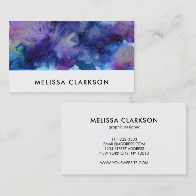 Carte De Visite Professionnel moderne de l'aquarelle bleu pourpre (Devant / Derrière)