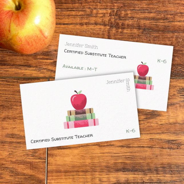 Carte de visite professionnelle de Tuteur Moderne  (Red apple on book educator white double-sided business card .)