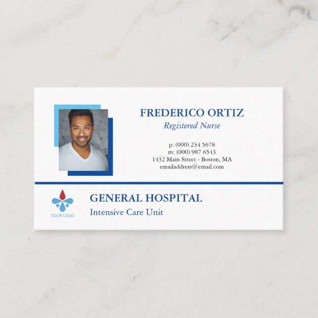 Carte De Visite Profil Bleu Blanc Photo de votre logo Hospital (Devant)