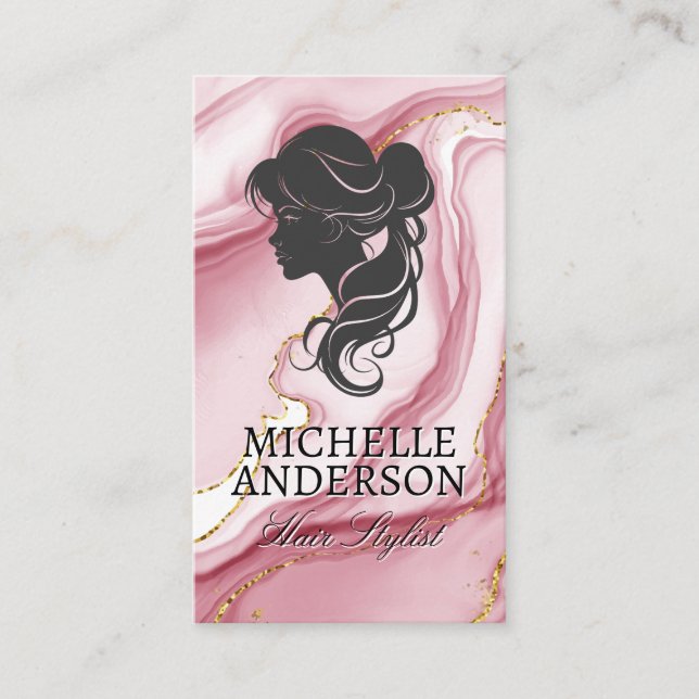 Carte De Visite Profil des cheveux féminins | Marbre rose or (Devant)