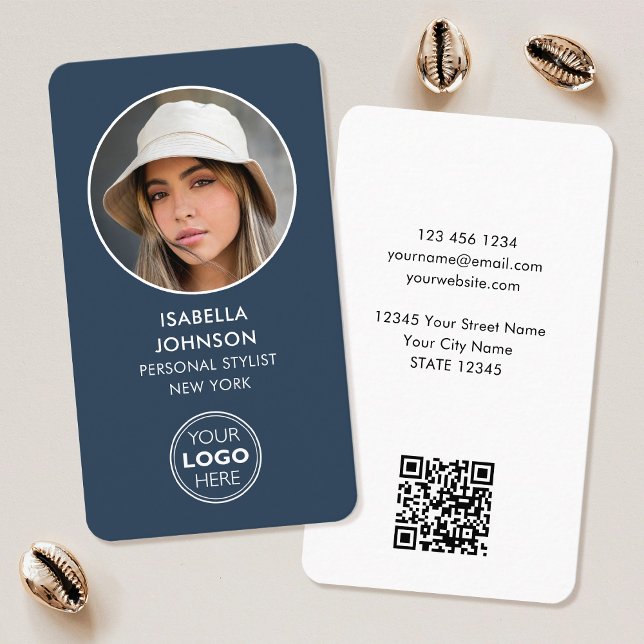 Carte De Visite Profil moderne Logo photo QR Code Ardoise Bleu (Créateur téléchargé)