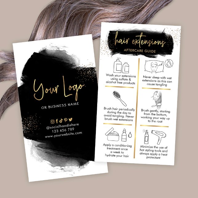 Carte De Visite Prolongations de cheveux post-soins Noir & Or coif (Luxurious black and gold hair extensions aftercare instructions cards with icons and gold effects)