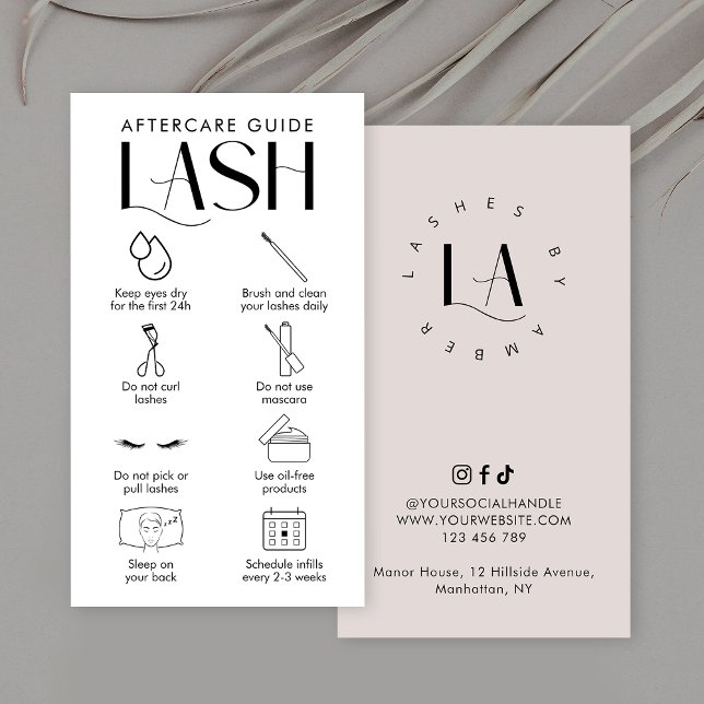 Carte De Visite Prolongations de Lash Crème Moderne Logo du Salon (Elegant Lash Extensions aftercare instructions cards with space for your salon logo)