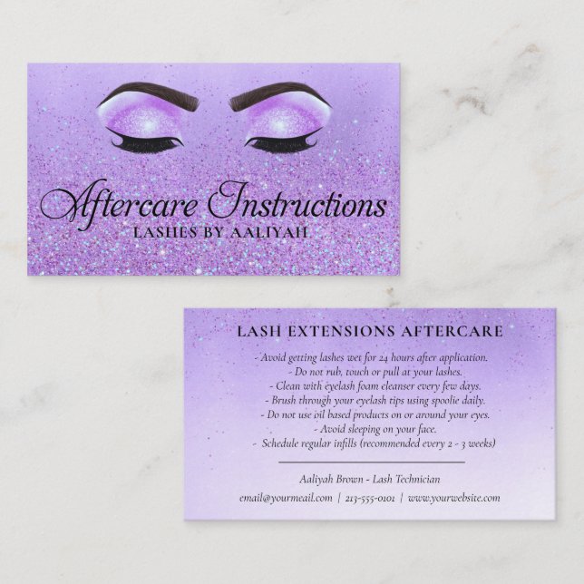 Carte De Visite Prolongations Lash Après-soin Purple Glam Parties  (Devant / Derrière)