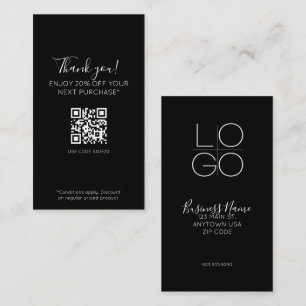 Carte De Visite Promo de script minimal noir Elegant Réduction QR