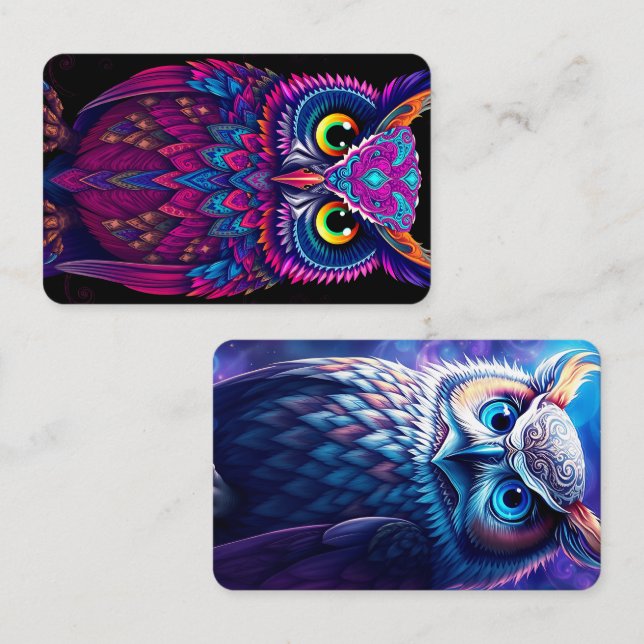 Carte De Visite Psychedelic Magenta & Blue Owl | Trippy Abstract  (Devant / Derrière)