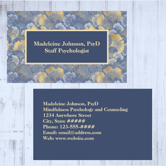 Carte De Visite Psychiatre ou conseiller Zen Blue Gold Ginkgo (Créateur téléchargé)