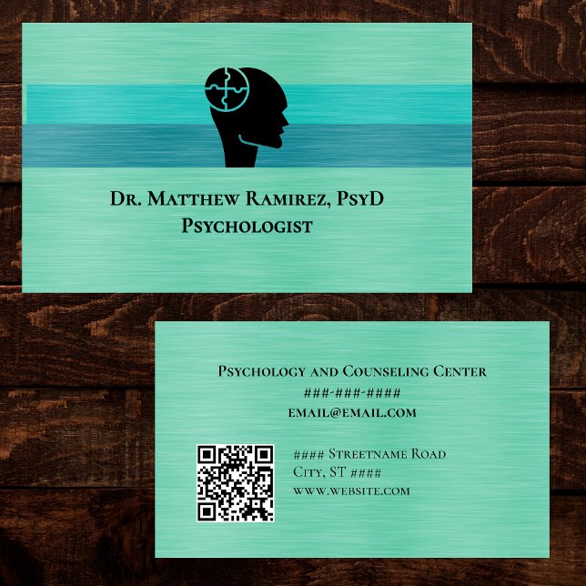 Carte De Visite Psychologist Psychiatrist Teal Faux Metal QR Code (Créateur téléchargé)