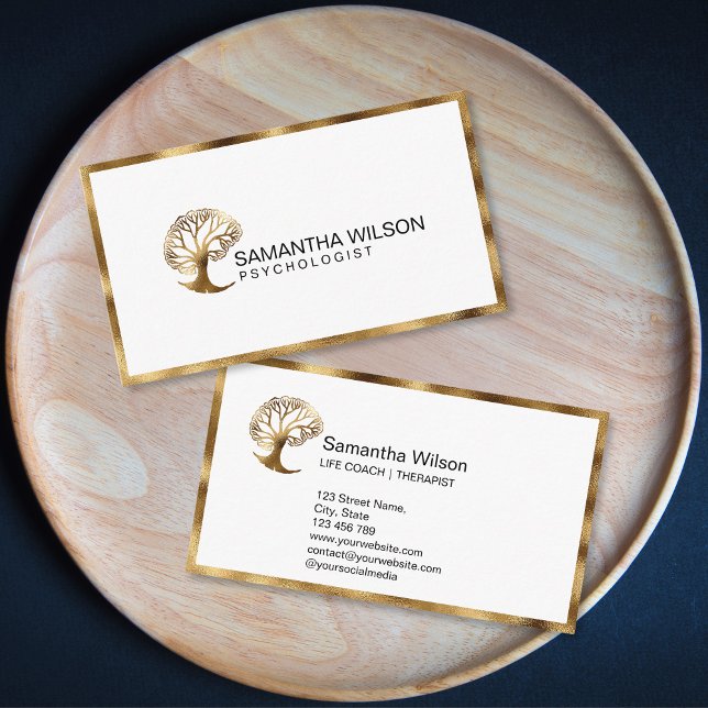 Carte De Visite Psychologue du cerveau Psychiatre de l'entraîneur  (gold brain tree logo)