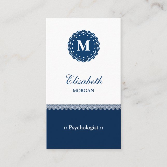 Carte De Visite Psychologue Elegant Blue Lace Monogramme (Devant)