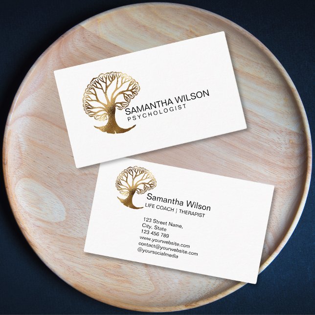 Carte De Visite Psychologue Thérapeutique Vie Coach Psychiatre (gold brain tree logo business card)