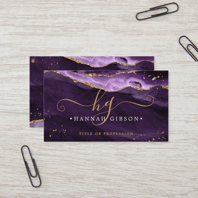 Carte De Visite Purple Agate Script Monogram Faux Gold Parties sci (Devant/Arrière en situation)