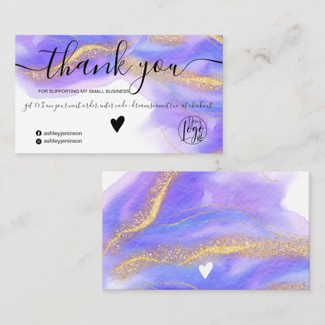 Carte De Visite Purple aquarelle or parties scintillant commander  (Devant / Derrière)