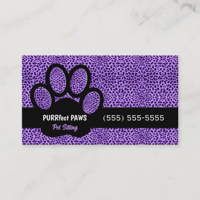 Carte De Visite Purple Cheetah Impression avec Paw Pet Sitter (Devant)