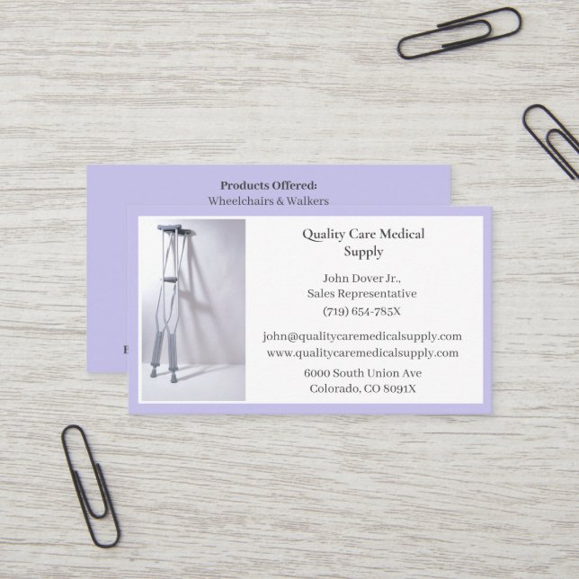 Carte De Visite Purple Crutches Équipement Médicale Senior Care (Devant/Arrière en situation)