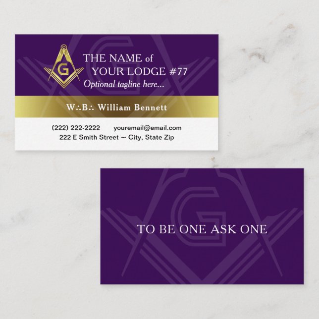 Carte De Visite Purple et or Freemason Grand Lodge Masonic (Devant / Derrière)