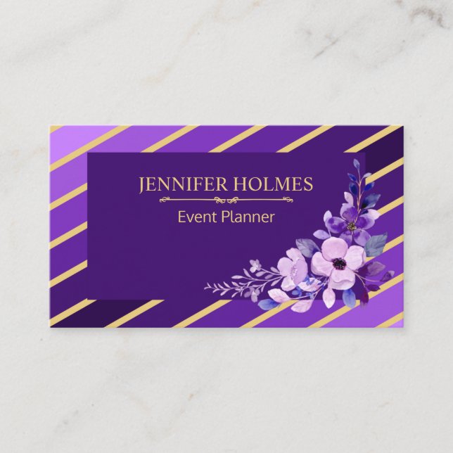 Carte De Visite Purple Gold Stripes Floral Event Planner (Devant)