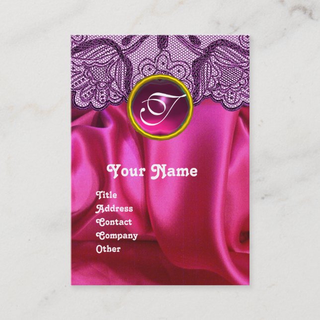 CARTE DE VISITE PURPLE LACE ROSE FUCHSIA SILKCLOTH, GEM MONOGRAM (Devant)