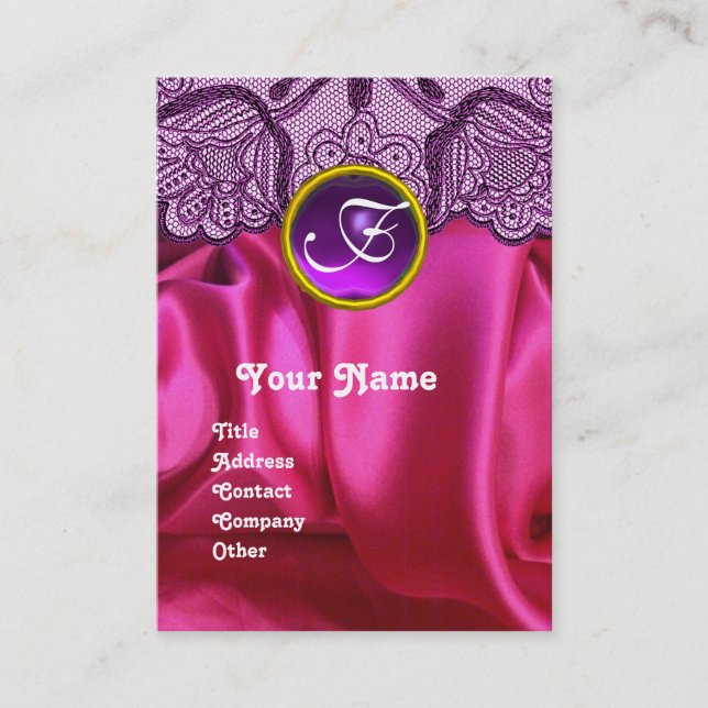 CARTE DE VISITE PURPLE LACE ROSE FUCHSIA SILKCLOTH, GEM MONOGRAM (Devant)